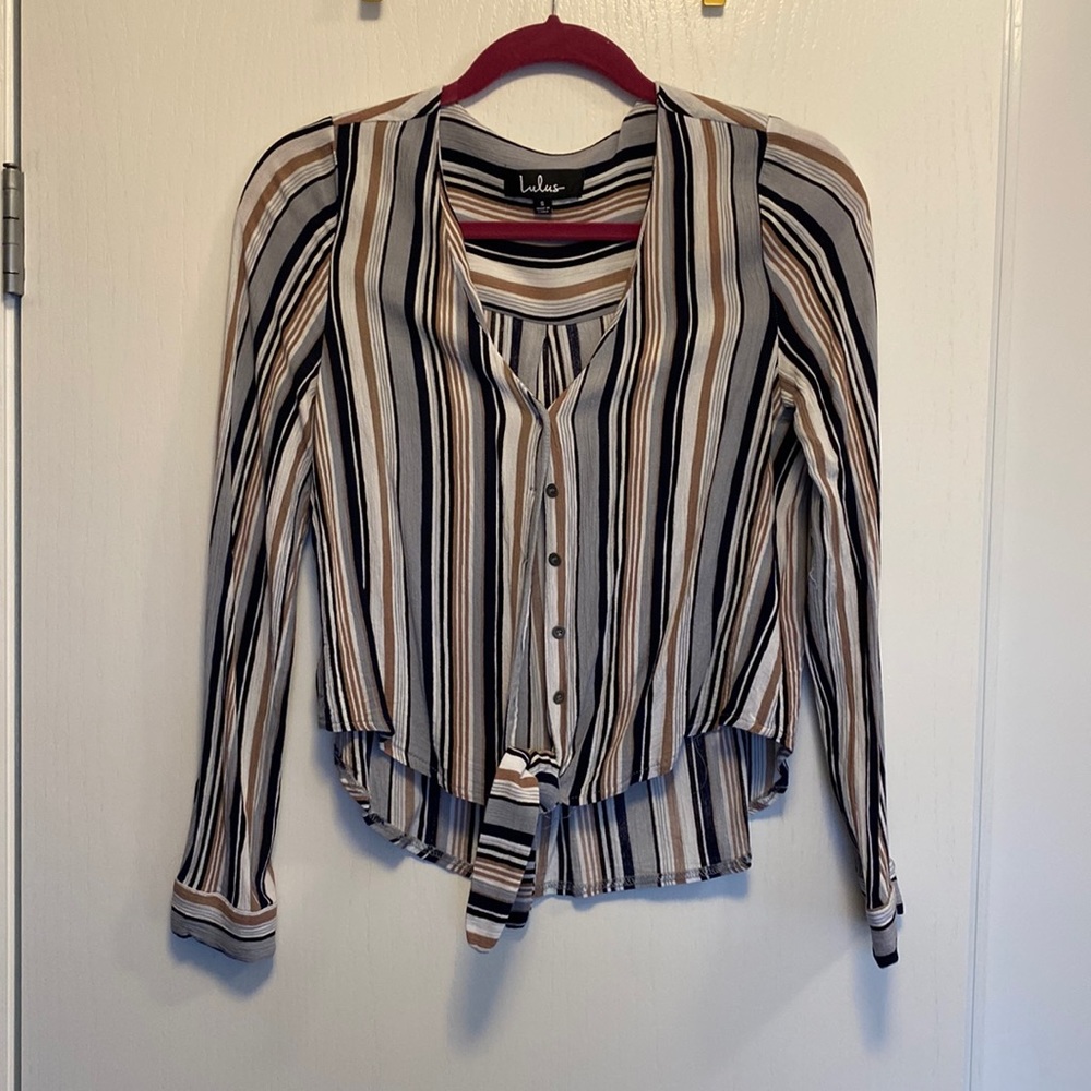 Button up tie front cropped blouse